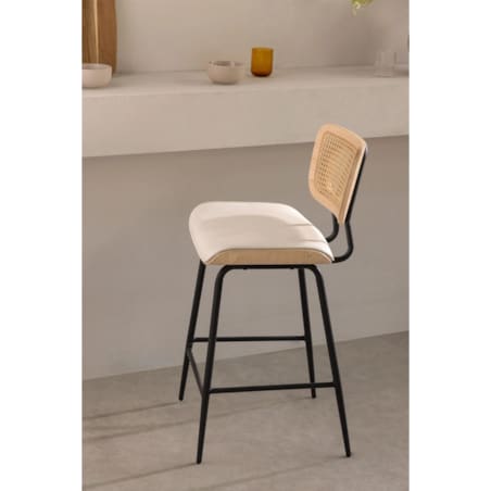 Krzesło barowe z drewna, rattanu i ekoskóry Raysa naturalne