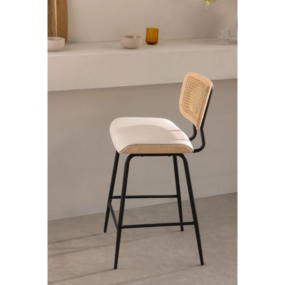 Krzesło barowe z drewna, rattanu i ekoskóry Raysa naturalne
