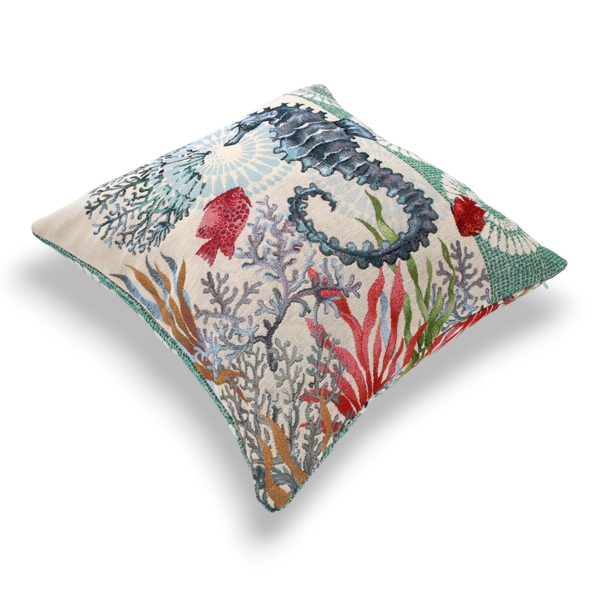 Dwustronna poduszka gobelinowa z konikiem morskim 45x45 Morskie Opowieści - seledyn