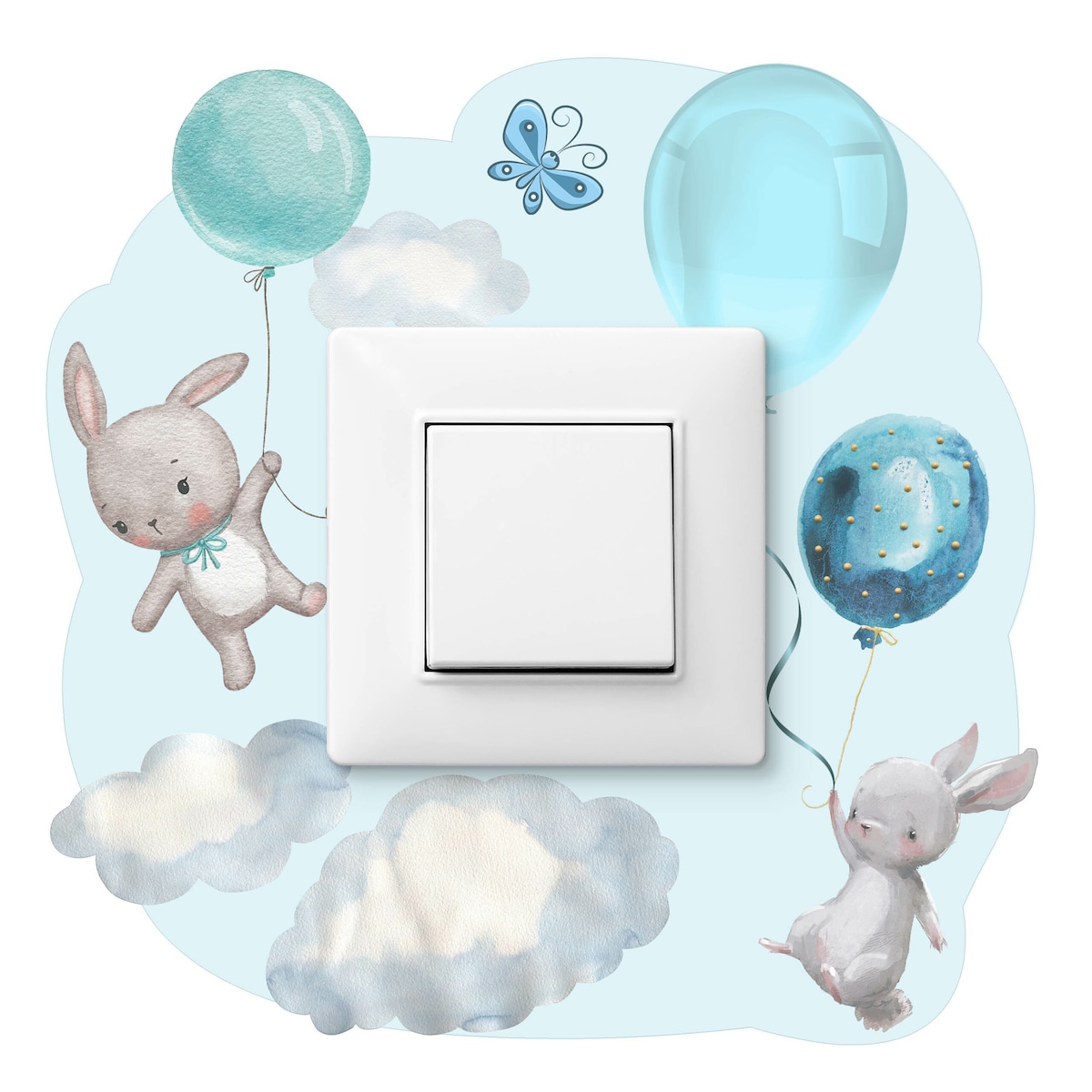 Naklejka Pod Włącznik Kontakt Króliczki Niebieskie Balony Do Pokoju Dziecka 20x20cm