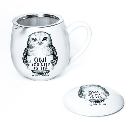 Kubek z zaparzaczem i pokrywką sowa - idealny zestaw do parzenia herbaty, perfekcyjny podarunek prezent dla mamy, taty, babci, dziadka