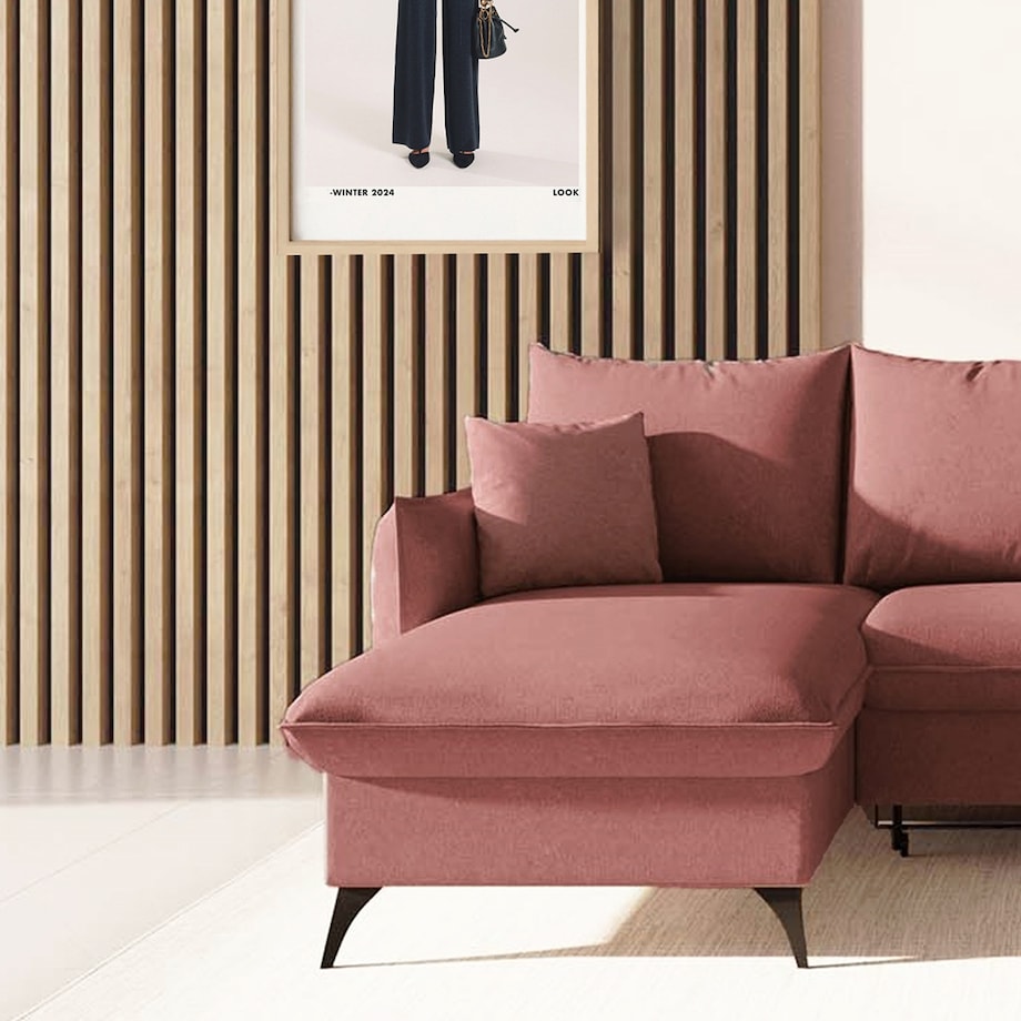 Brim Sofa narożna lewa z funkcją spania i pojemnikiem lewa różowa