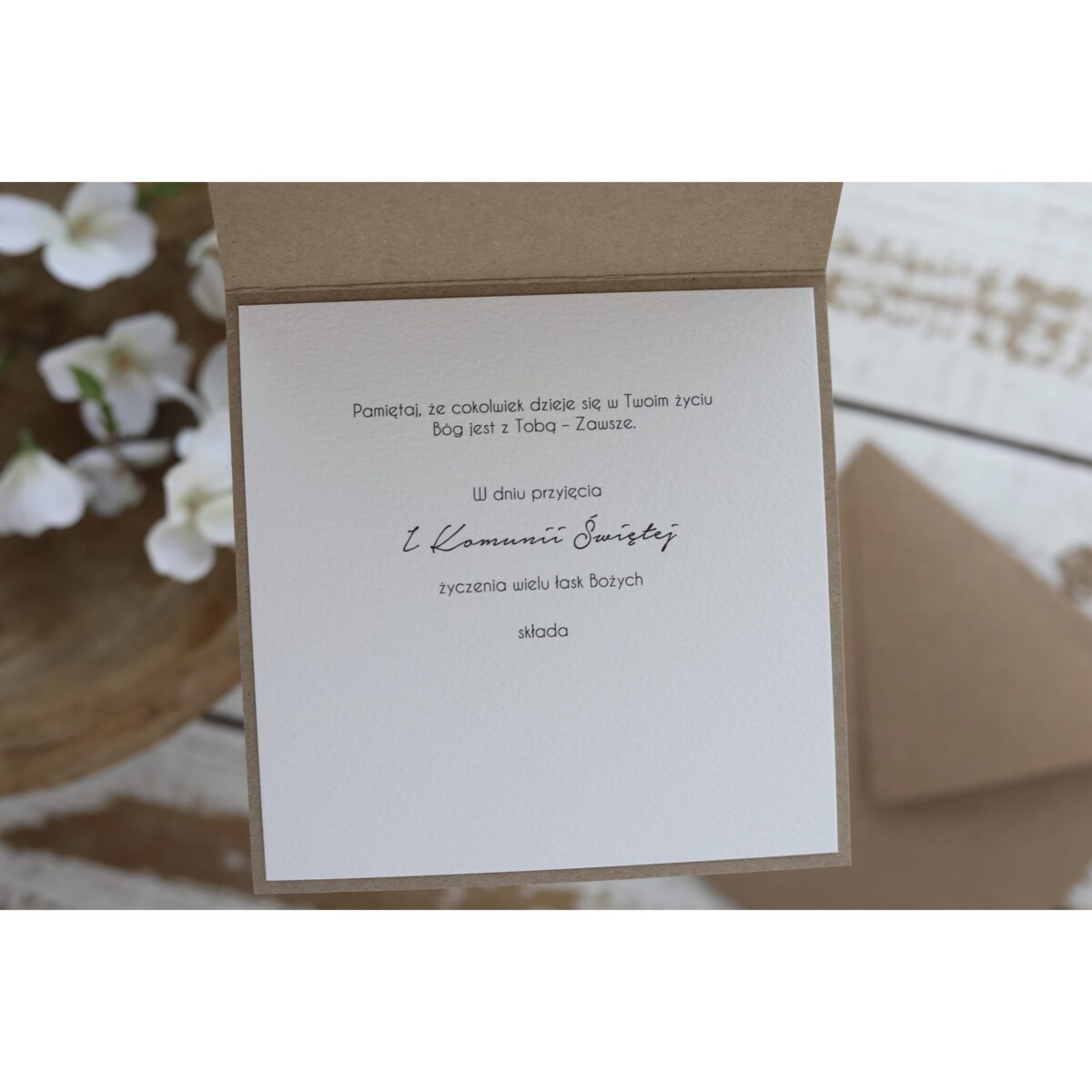 Rustykalna kartka komunijna - Pierwsza Komunia Święta piękne życzenia