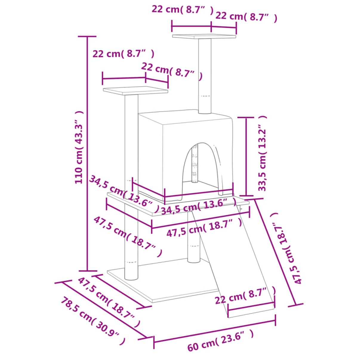 vidaXL Drapak dla kota, z sizalowymi słupkami, kremowy, 110 cm