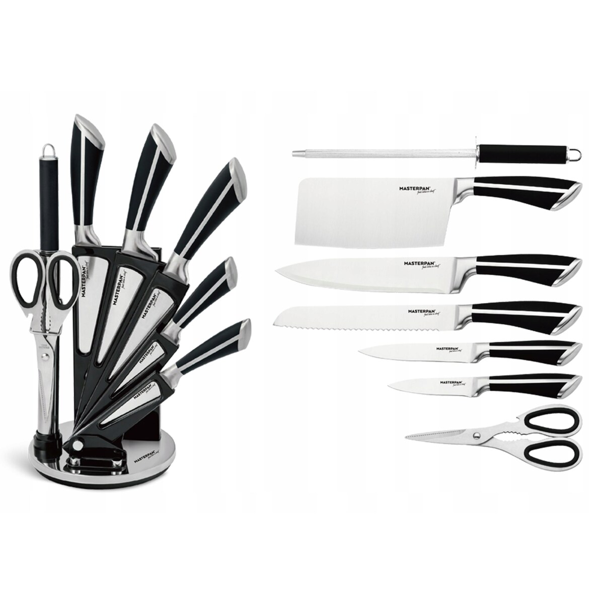 Zestaw Komplet Noży Kuchennych W Stojaku 8 Szt. Ostrzałka Nożyczki Ostre