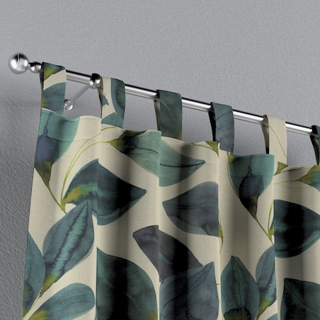 Zasłona na szelkach 1 szt. 130x245 liście w kolorze szmaragdowej zieleni z fioletem na lnianym tle