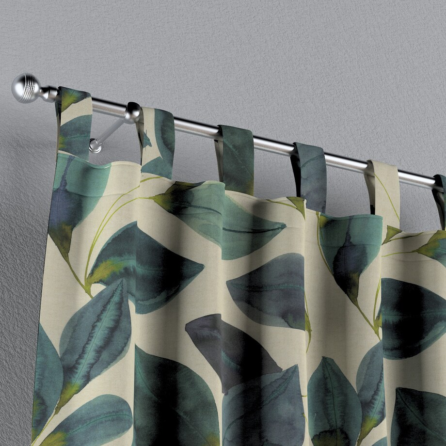 Zasłona na szelkach 1 szt. 130x245 liście w kolorze szmaragdowej zieleni z fioletem na lnianym tle