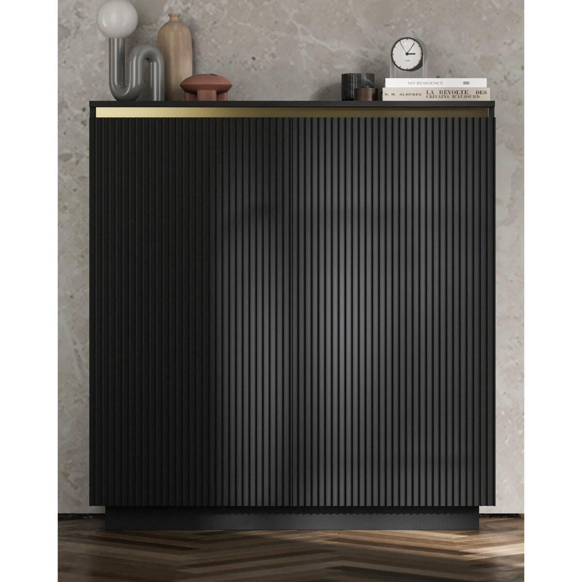 Nowoczesna Komoda Glamour Szafka RTV Czarny MAT ryflowane fronty 110,8 cm