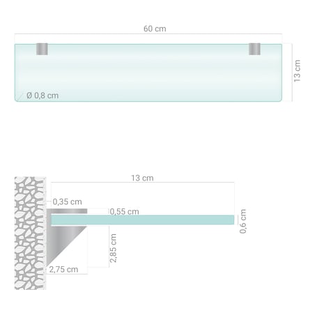 Półka szklana mrożona transparentna do łazienki 60x13 cm, szkło hartowane, srebrne elementy