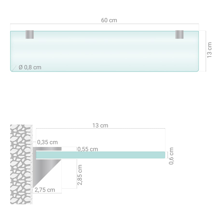 Półka szklana mrożona transparentna do łazienki 60x13 cm, szkło hartowane, srebrne elementy