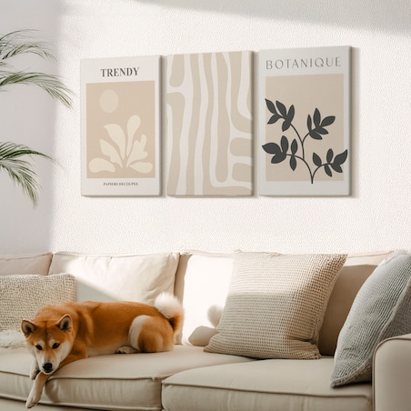 Zestaw 3 dużych obrazów na płótnie - Stylowe roślinne wzory beż czarny - beżowy