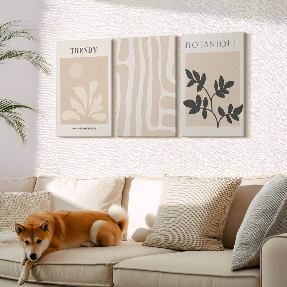 Zestaw 3 dużych obrazów na płótnie - Stylowe roślinne wzory beż czarny - beżowy