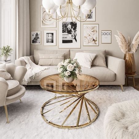 Stolik kawowy TAVIA złoty chrom szklany 80 cm