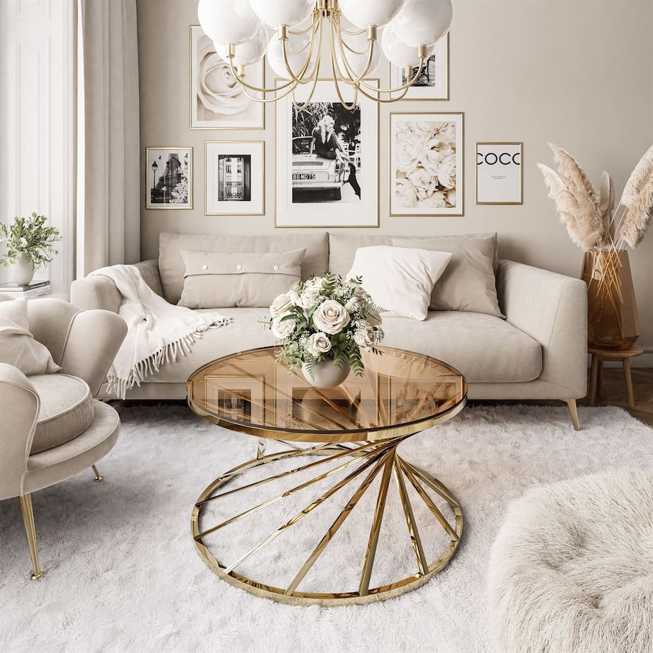 Stolik kawowy TAVIA złoty chrom szklany 80 cm