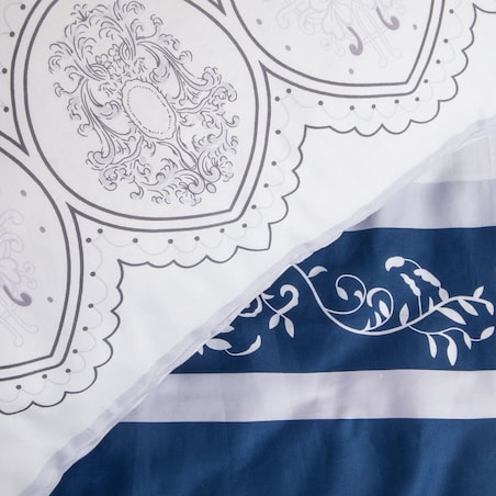 Pościel satyna bawełniana 220x200 Satynlove granatowo białe pasy w ornamenty