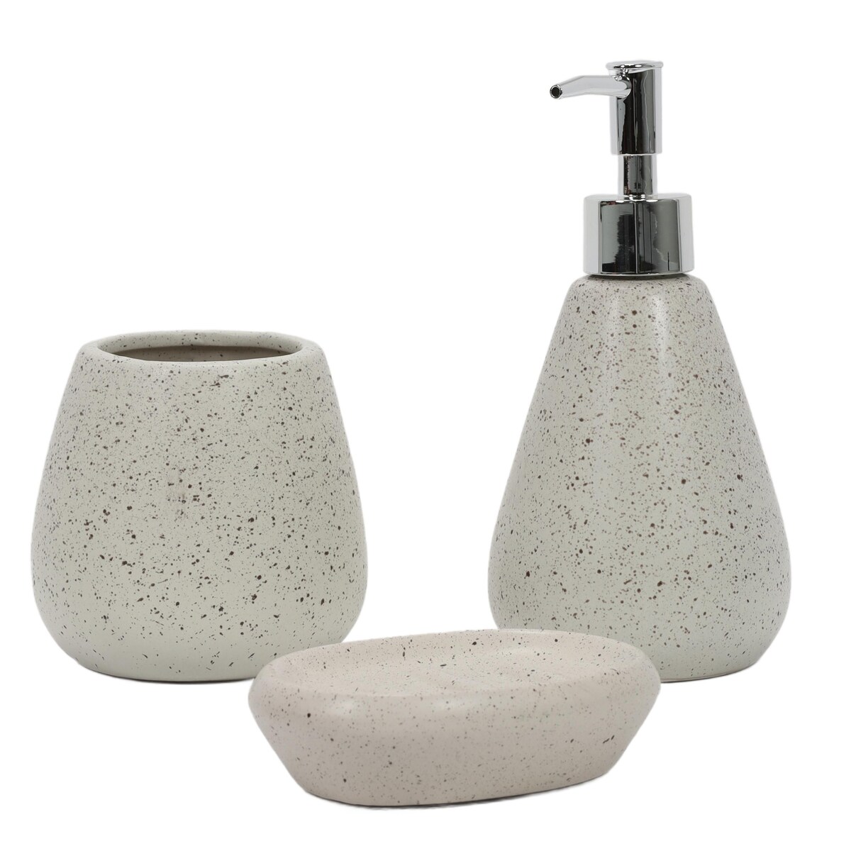 Zestaw akcesoriów łazienkowych: dozownik, mydelniczka i kubek