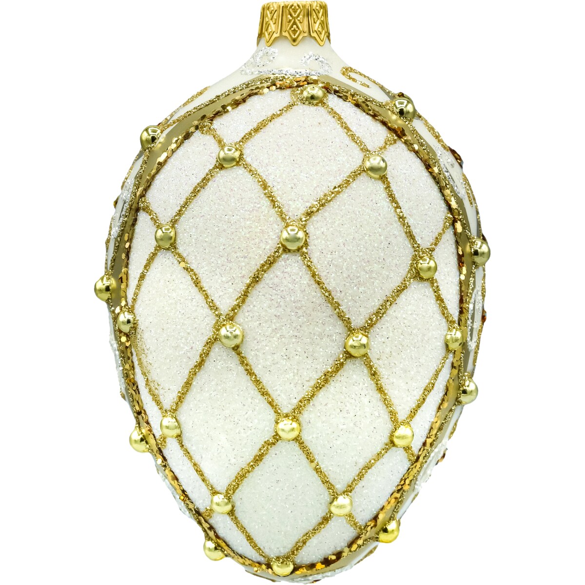 Bombka choinkowa: Jajo ze złotym ornamentem: białe