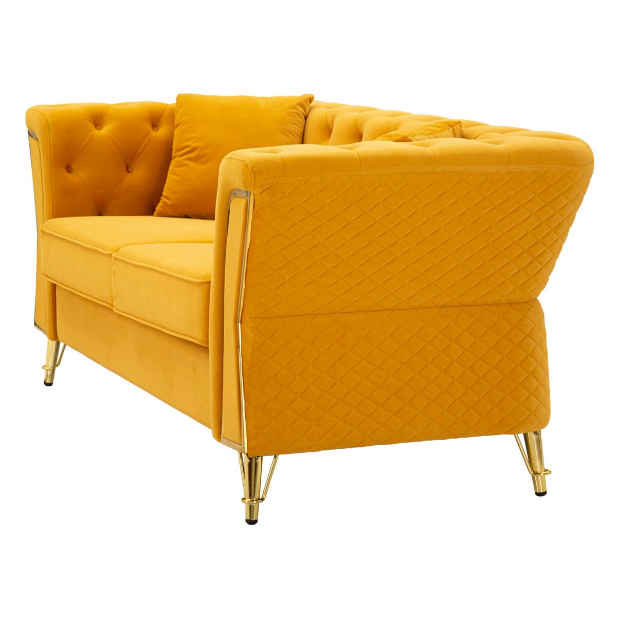 Sofa Emy, kolor musztardowy i złoty, poliester, drewno eukaliptusowe, drewno sosnowe, sklejka i metal, 162 x 83 x 76 cm, do salonu, Mauro Ferretti