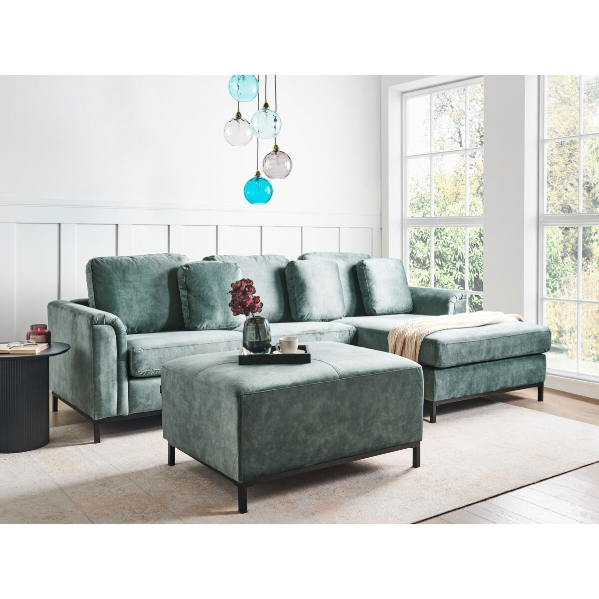 Narożnik z otomaną welurowy lewostronny lazurowy OSLO