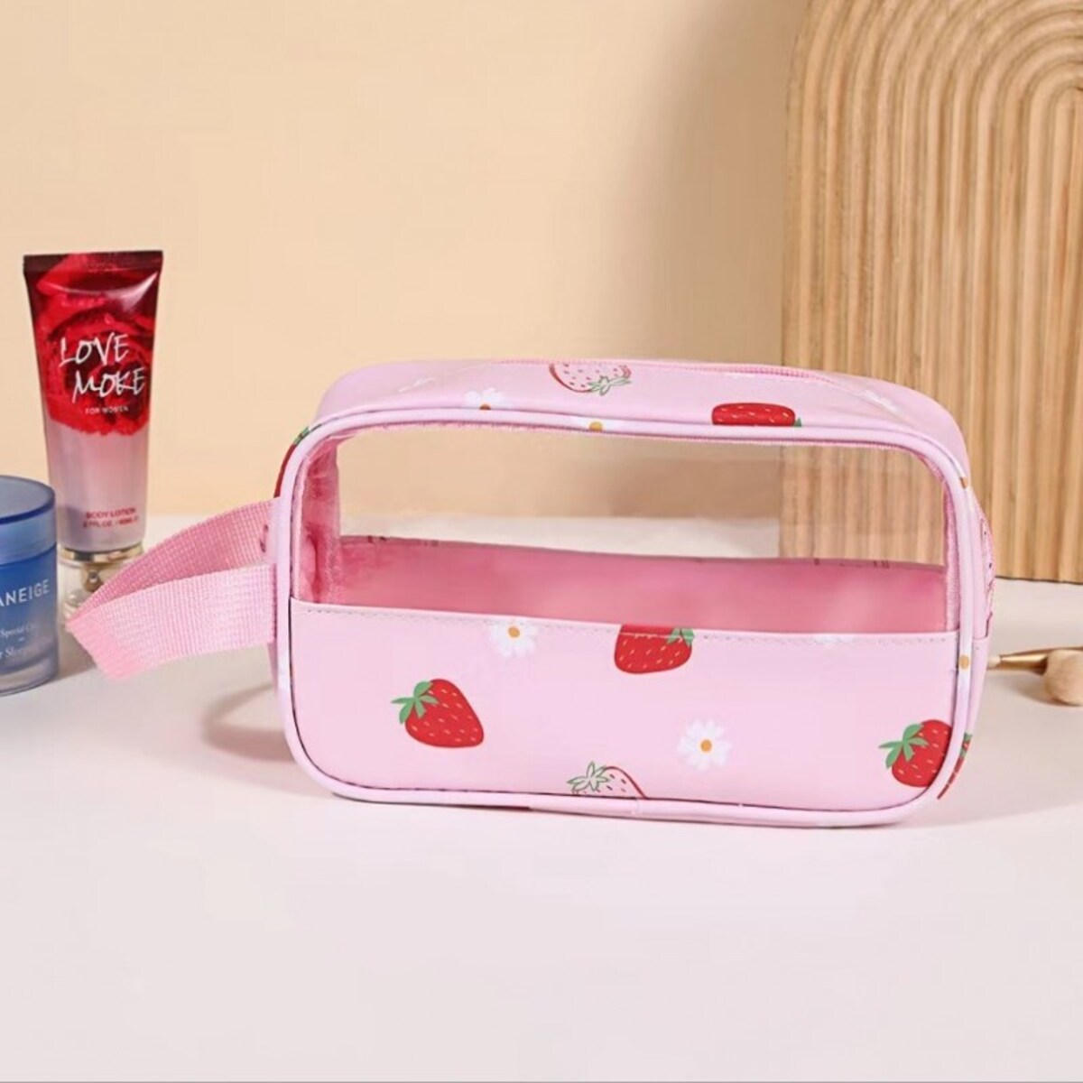 Kosmetyczka rozkładana przenośna kuferek rozmiar S 22x7x13cm TRUSKAWKI KS149