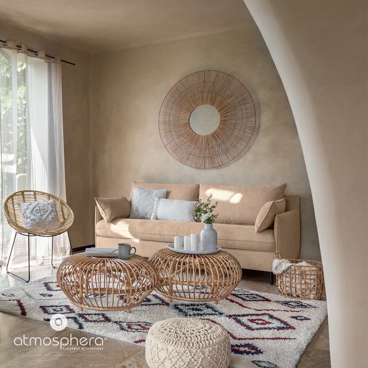 Pufa MACRAMA, siedzisko boho, Ø 44 cm