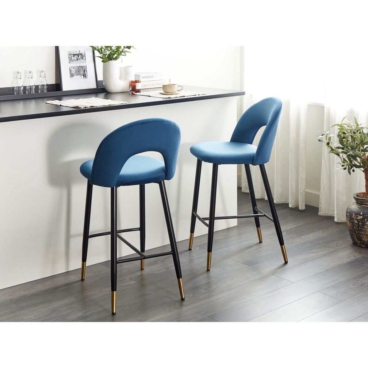 Zestaw 2 krzeseł barowych welurowy niebieski FALTON