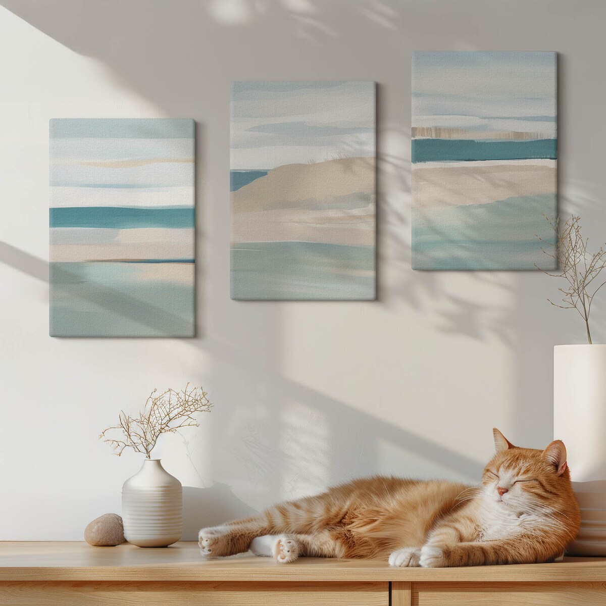 Zestaw 3 małych obrazów na płótnie - Abstrakcyjne niebieskie pejzaże - turkusowy