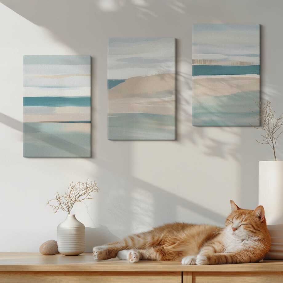 Zestaw 3 małych obrazów na płótnie - Abstrakcyjne niebieskie pejzaże - turkusowy