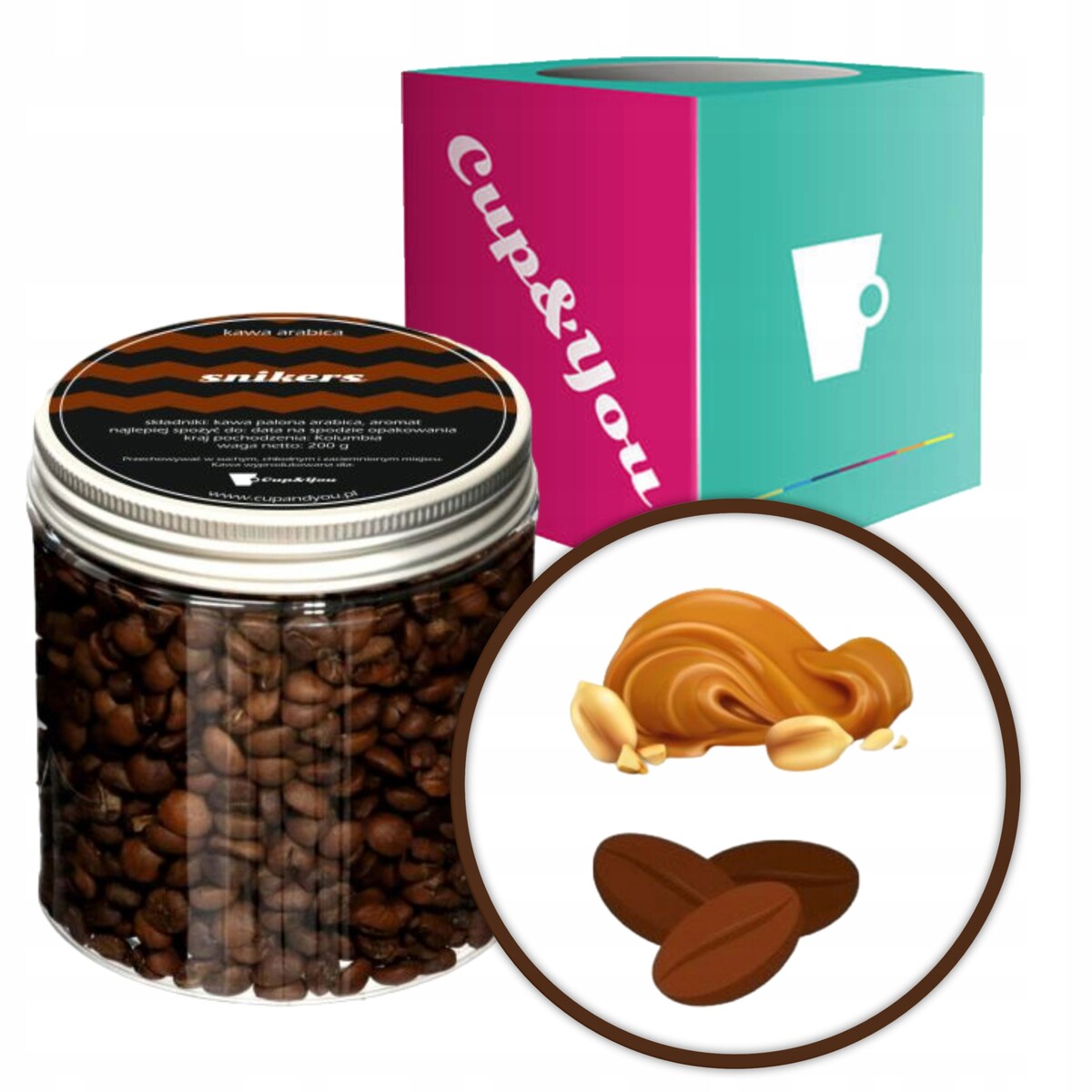 Kawa aromatyzowana o smaku Snickers ziarnista ARABICA Cup&You PREMIUM 200g na prezent upominek dla kobiety mężczyzny faceta mamy taty żony męża