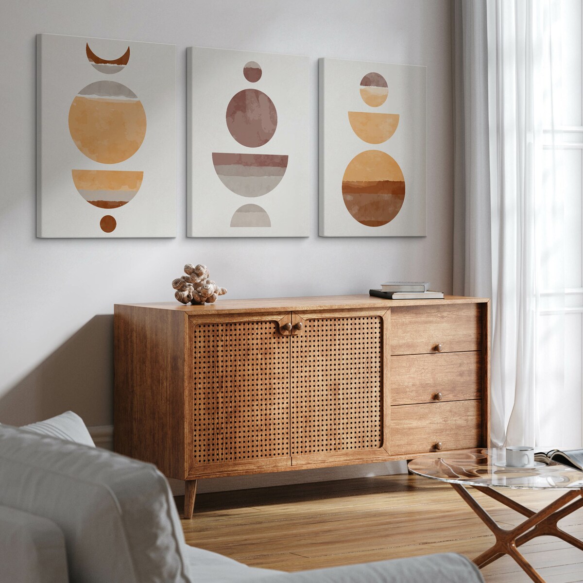 OBRAZY DO SALONU SET ABSTRAKCJA STYL BOHO KSZTAŁTY GEOMETRYCZNE 90x40cm