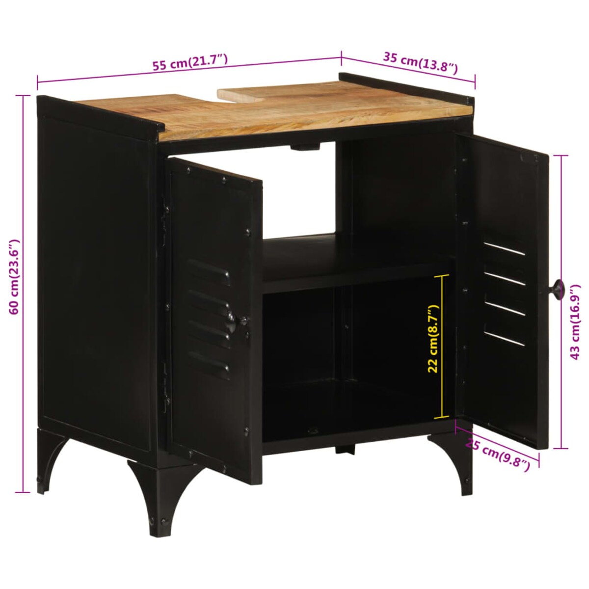 vidaXL Szafka pod umywalkę, 55x35x60 cm, żelazo i lite drewno mango