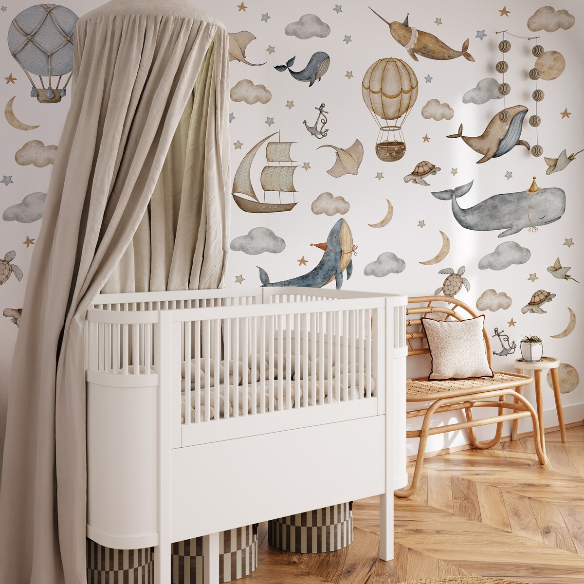 Naklejki Na Ścianę Dla Dzieci Wieloryby Chmury Statki Balony Gwiazdy ZESTAW 60x30cm
