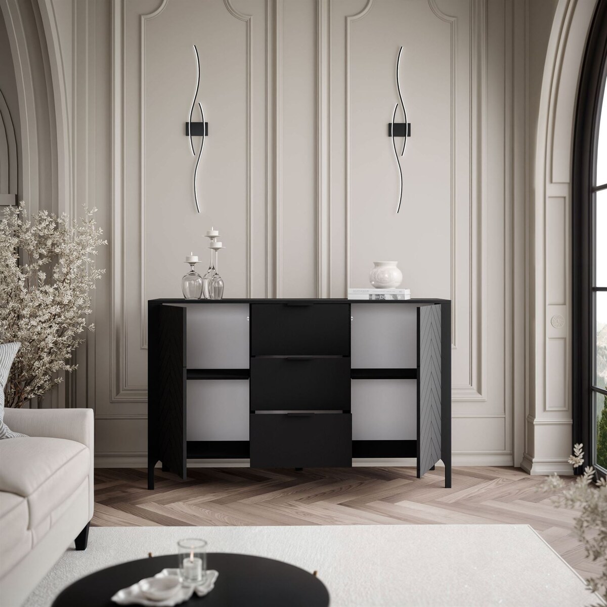 Dwudrzwiowa komoda z szufladami LUMI, czarna