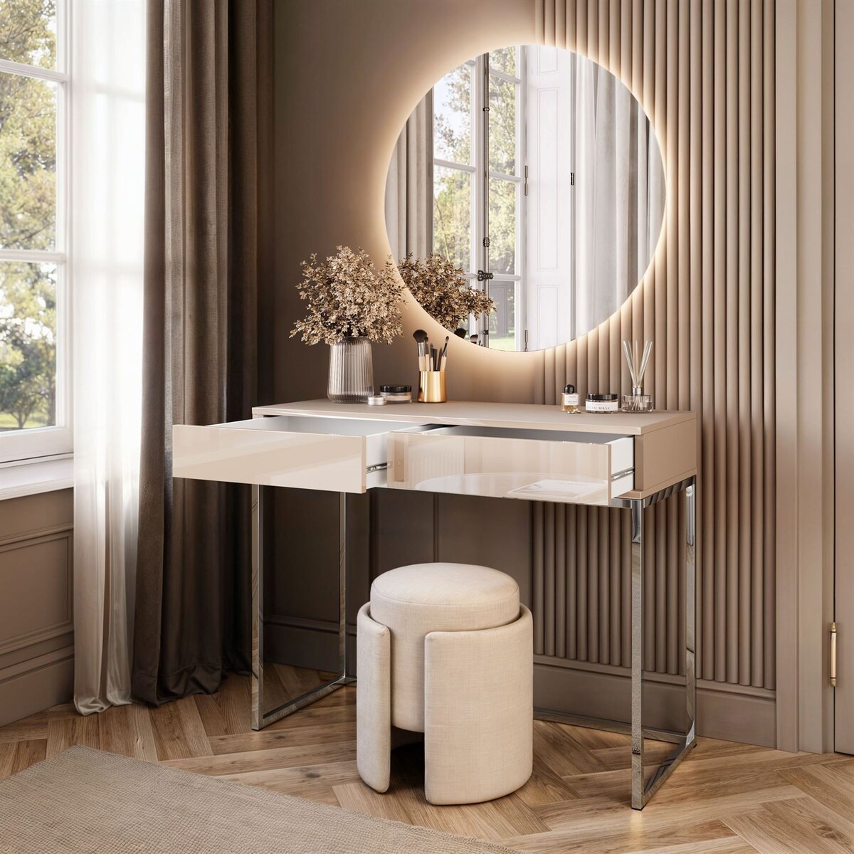 Toaletka BLANCO GLAMOUR KASZMIR na chromowanym stelażu z lustrem LED, push-to-open