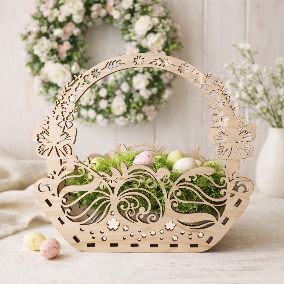 Drewniany koszyk wielkanocny HAPPY EASTER