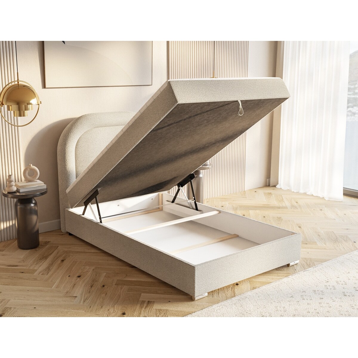 Łóżko kontynentalne BELLA z materacem, tkanina baranek- kremowe