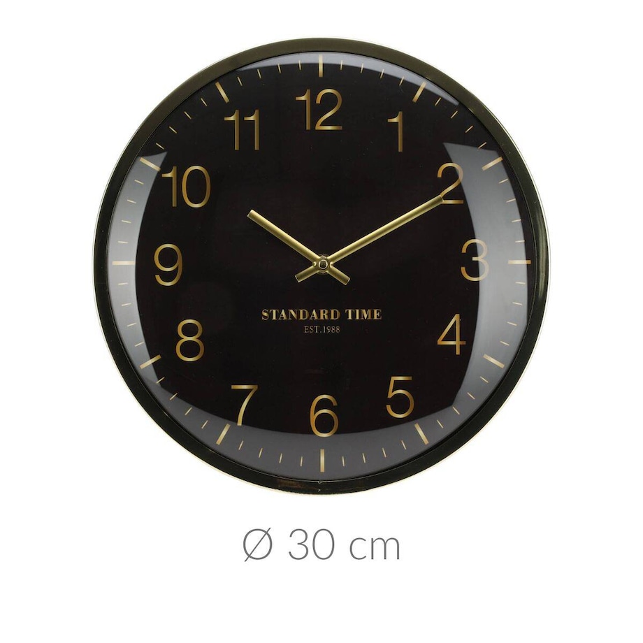 Zegar ścienny czarny ze złotymi wskazówkami i numerami na tarczy, Ø 30 cm