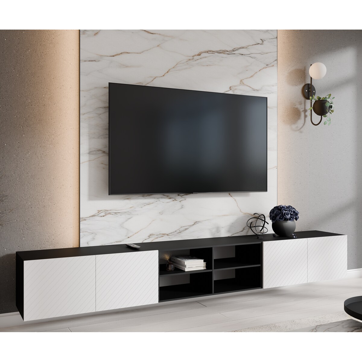 Szafka RTV NIKOL 300cm pod telewizor, frezowane fronty, półki- biała+czarny