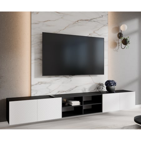Szafka RTV NIKOL 300cm pod telewizor, frezowane fronty, półki- biała+czarny