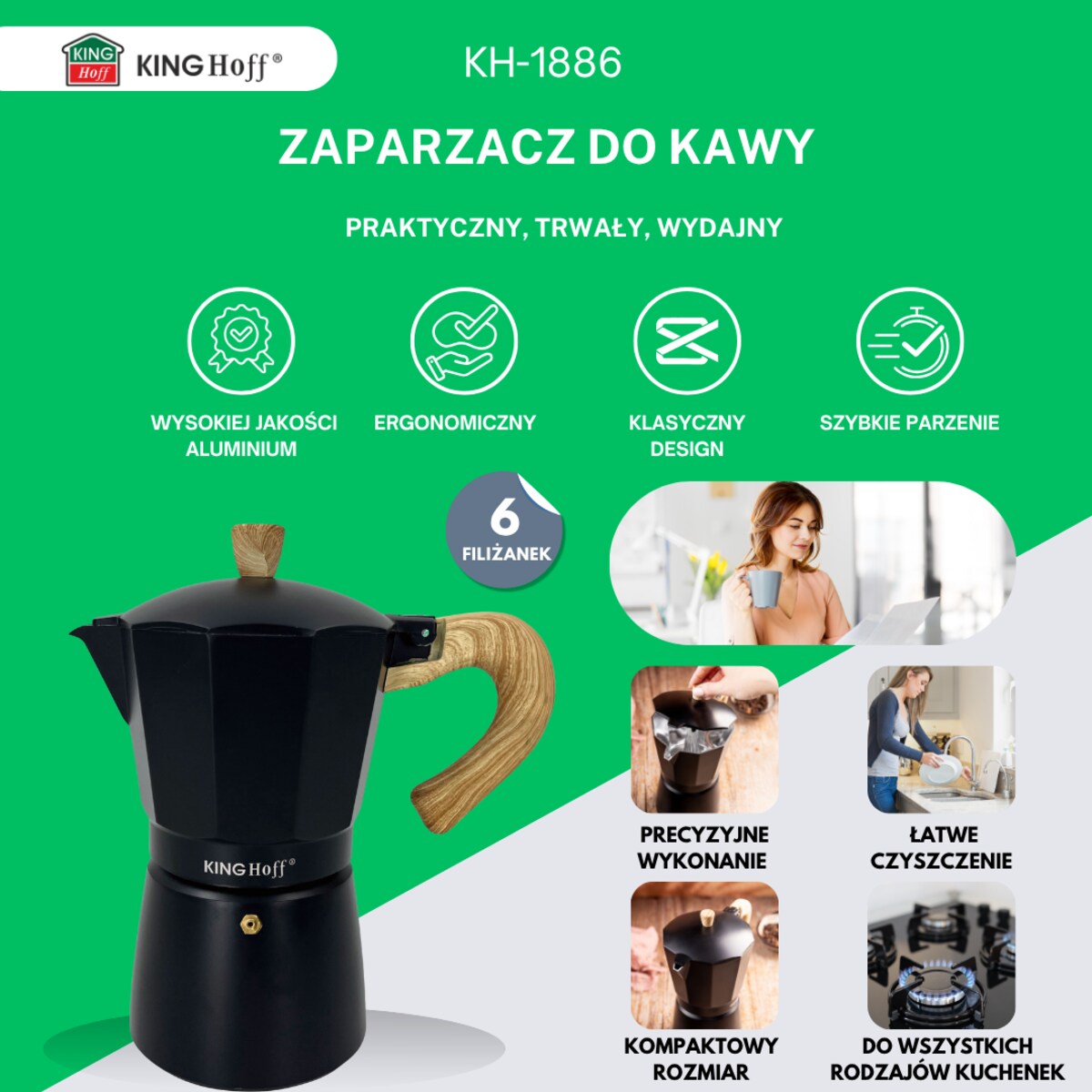 Kawiarka espresso Kafeterka ciśnieniowa indukcja KINGHOFF 300ml 6 filiżanek