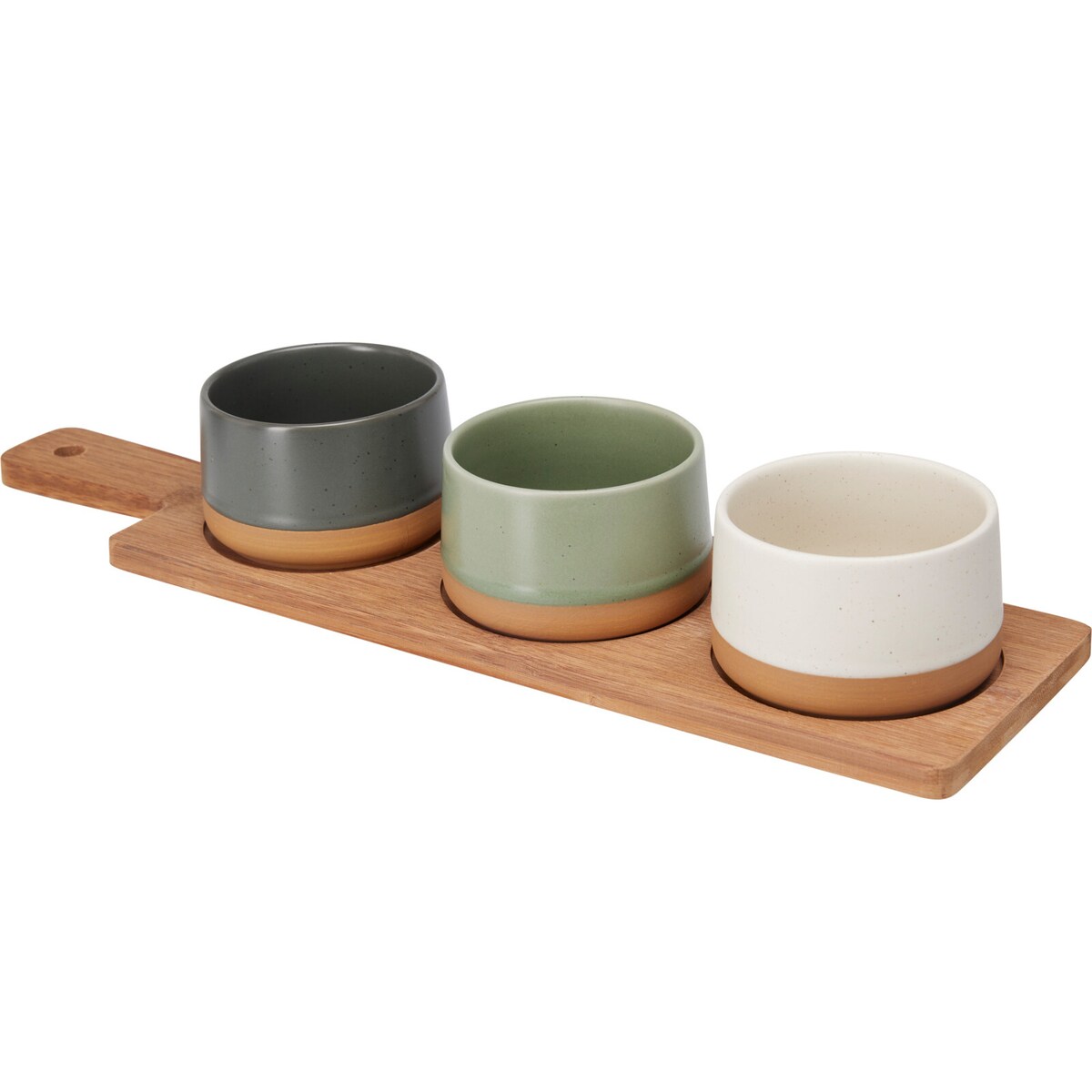 Ceramiczne miseczki na przekąski VOYO, 3 sztuki na podłużnej tacy