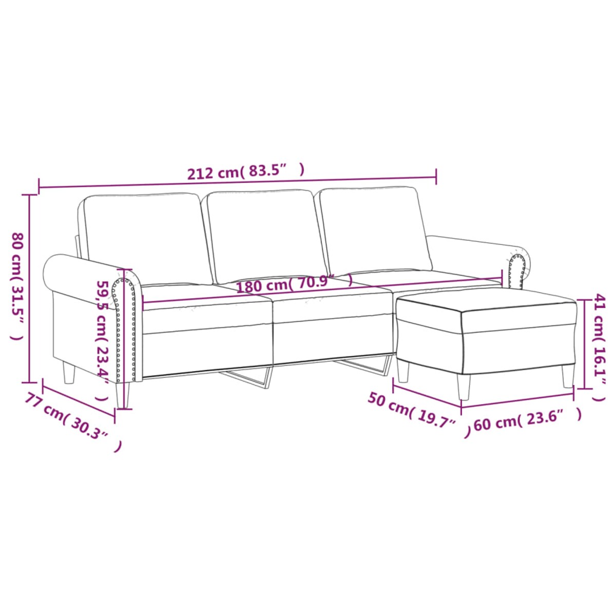 vidaXL 3-osobowa sofa z podnóżkiem, ciemnoszary, 180 cm, aksamit