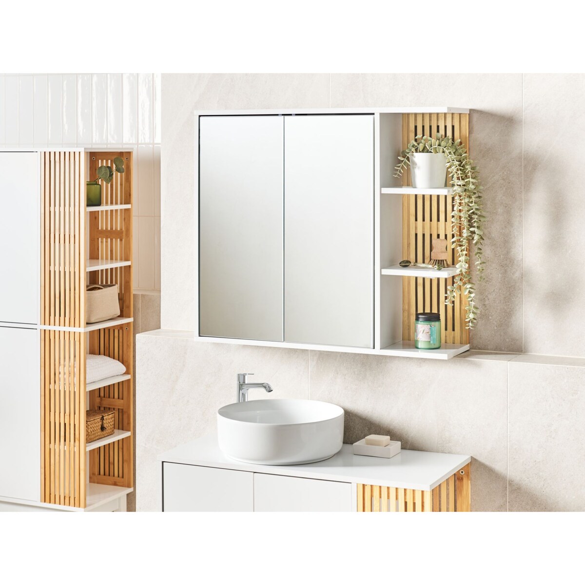 Szafka łazienkowa wisząca z lustrem 70 x 80 cm jasne drewno z białym NUBES