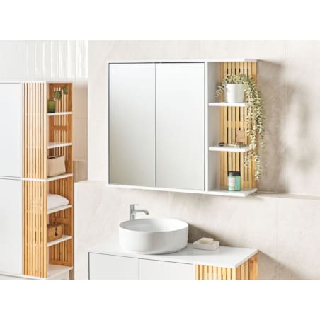 Szafka łazienkowa wisząca z lustrem 70 x 80 cm jasne drewno z białym NUBES