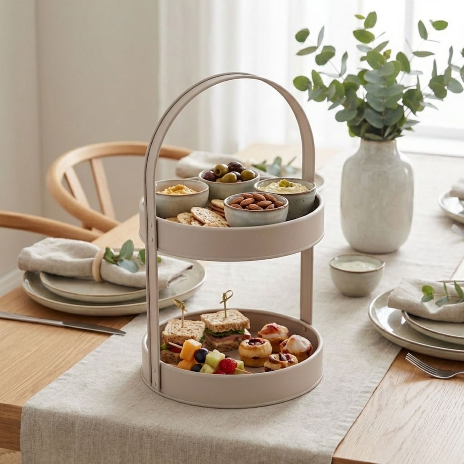 Patera metalowa 2 poziomy 20,55x19,5x33 cm DATARAN beżowa