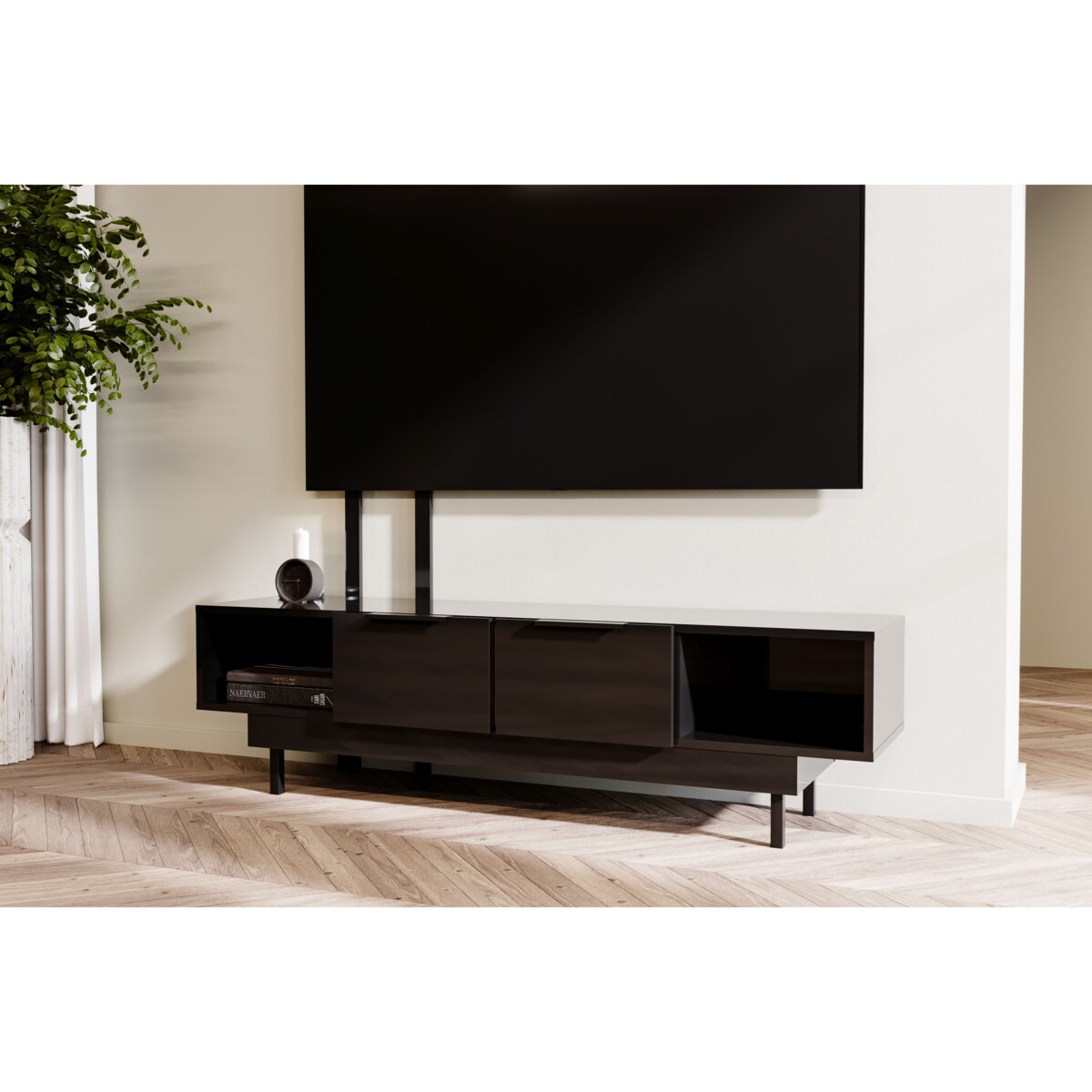 Elegancka czarna komoda RTV Dancan ARTEMISA ze złotymi dodatkami