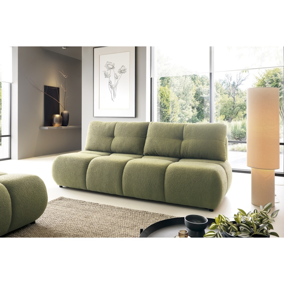 Kanapa trzyosobowa MILA rozkładana bez boczków obita tkaniną boucle zielona