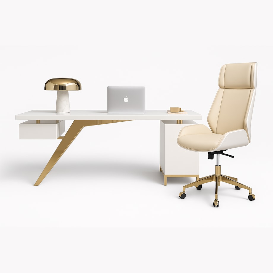 Zestaw mebli biurowych Prima: biurko białe glamour + fotel obrotowy