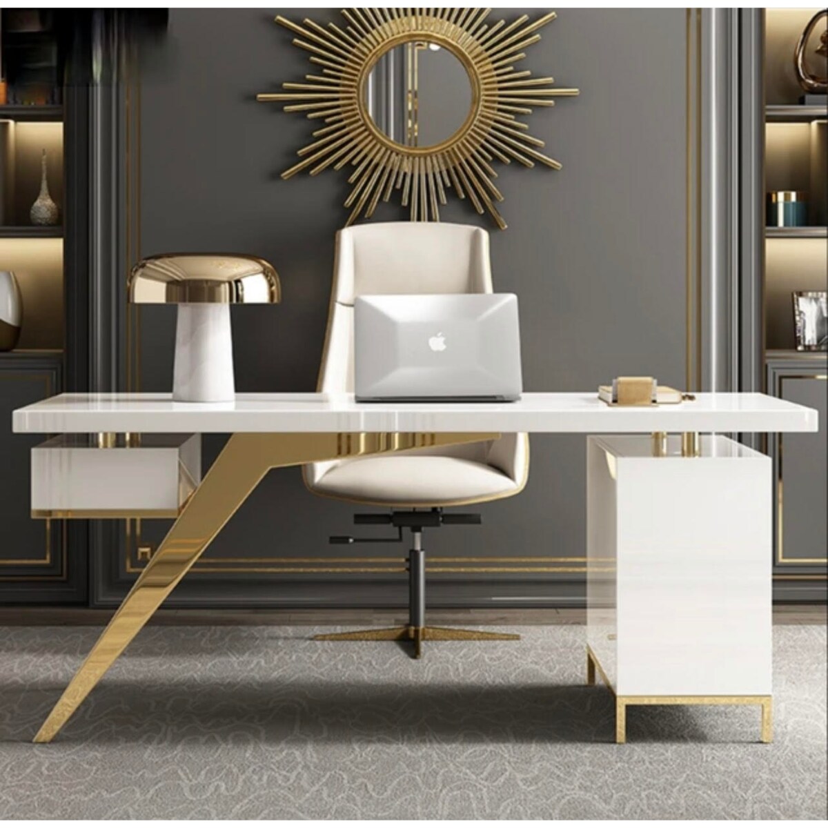 Nowoczesne białe złote biurko ze stali nierdzewnej do gabinetu Prima Premium 160x70x75 LUXURY