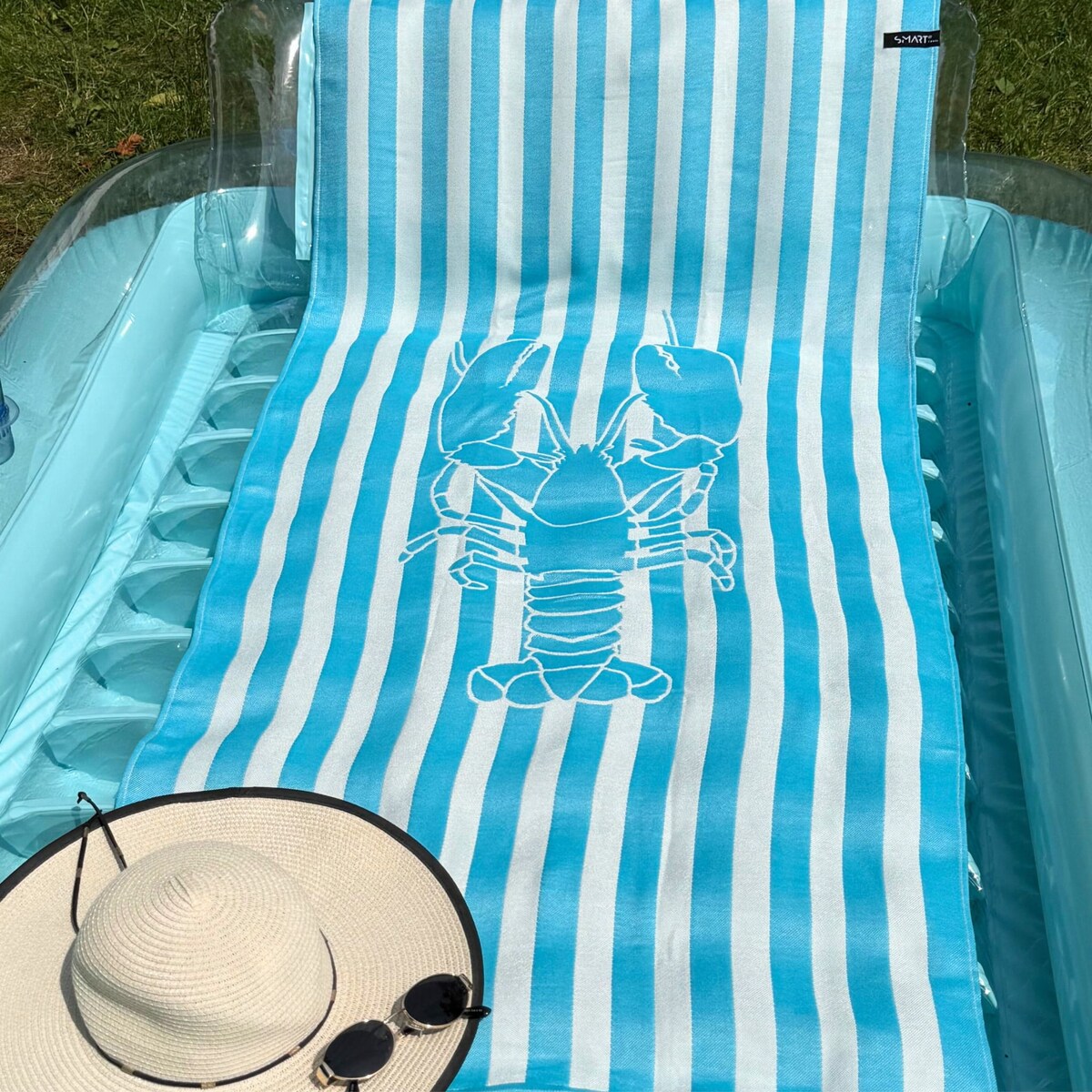 Ręcznik plażowy bambusowy 70x150 cm – niebieski biały lobster homar szybkoschnący cienki